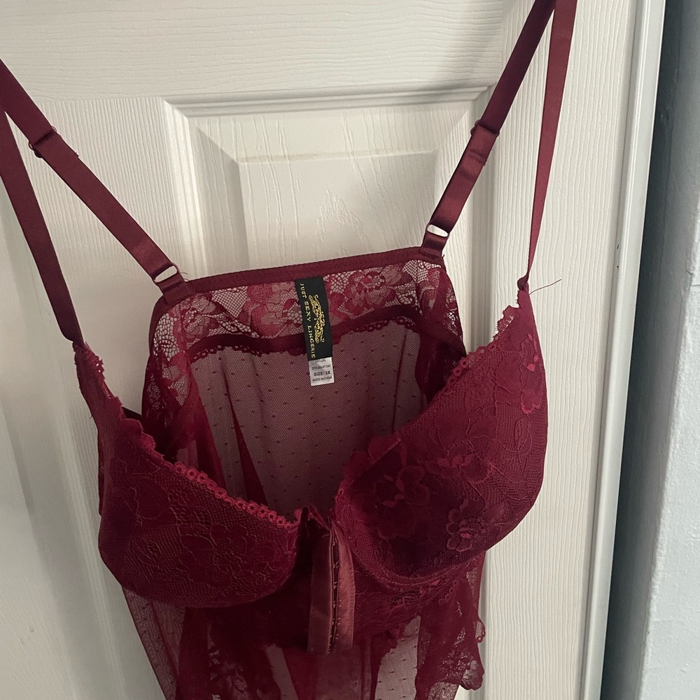 Women's Burgundy Lace Bodysuit Lingerie